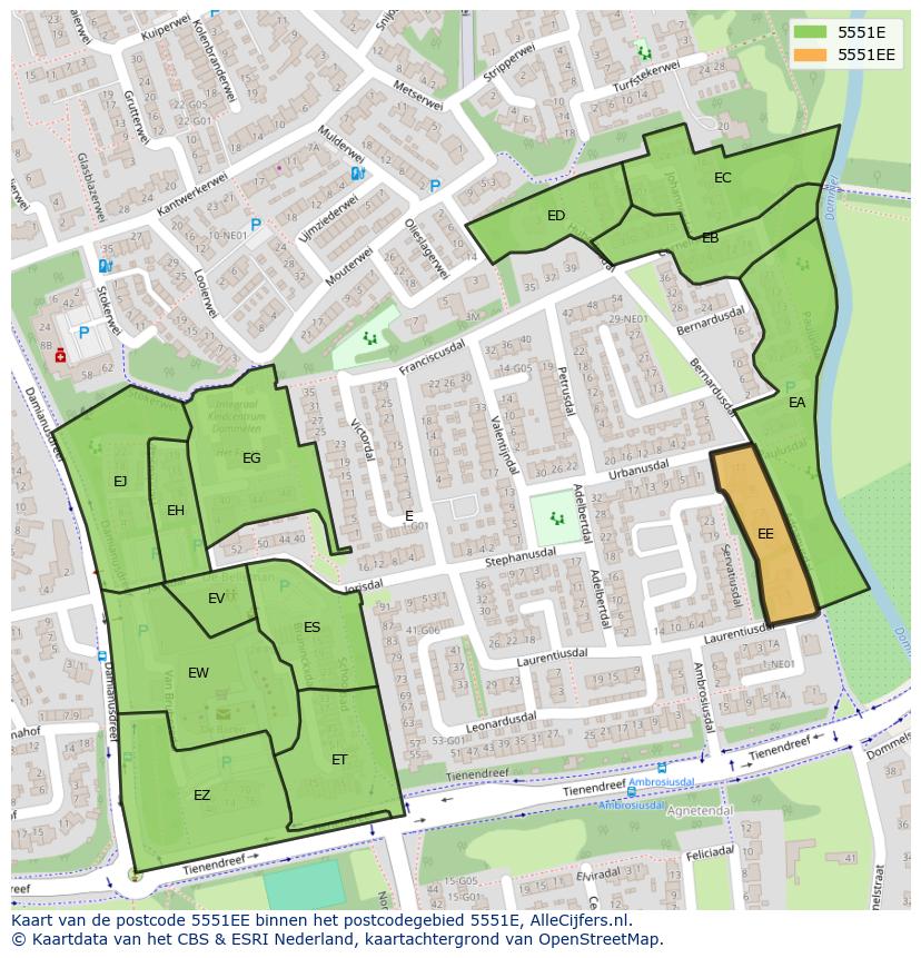 Afbeelding van het postcodegebied 5551 EE op de kaart.