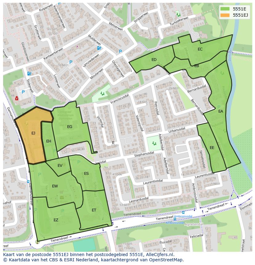 Afbeelding van het postcodegebied 5551 EJ op de kaart.