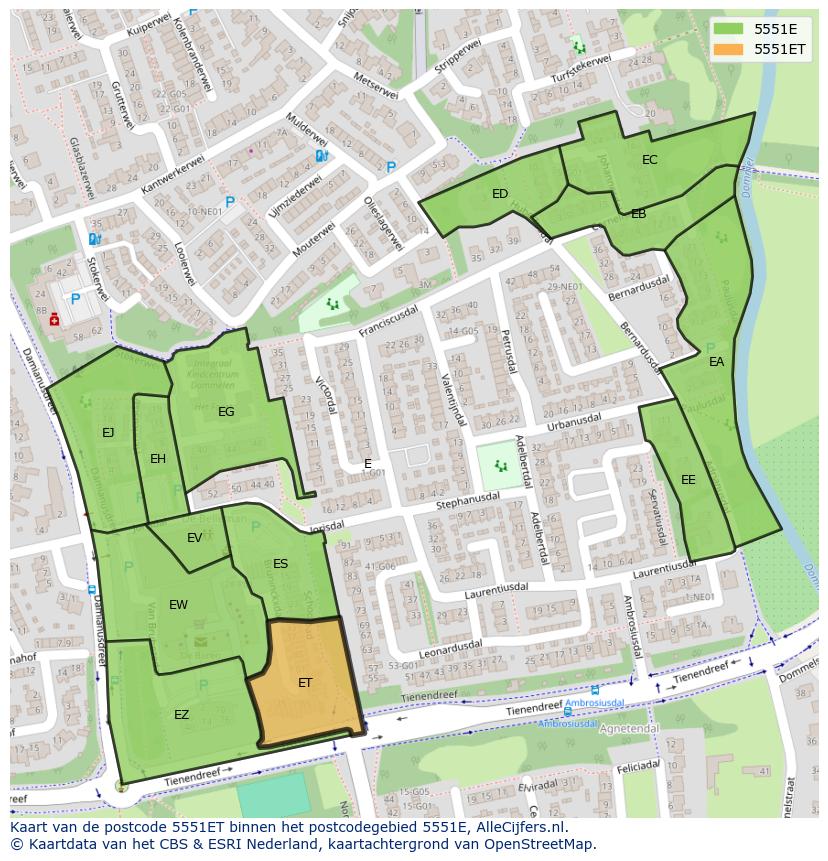 Afbeelding van het postcodegebied 5551 ET op de kaart.
