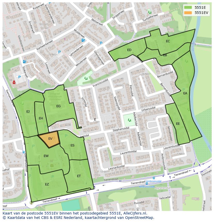 Afbeelding van het postcodegebied 5551 EV op de kaart.