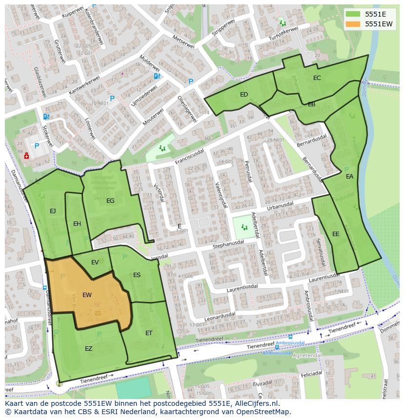 Afbeelding van het postcodegebied 5551 EW op de kaart.