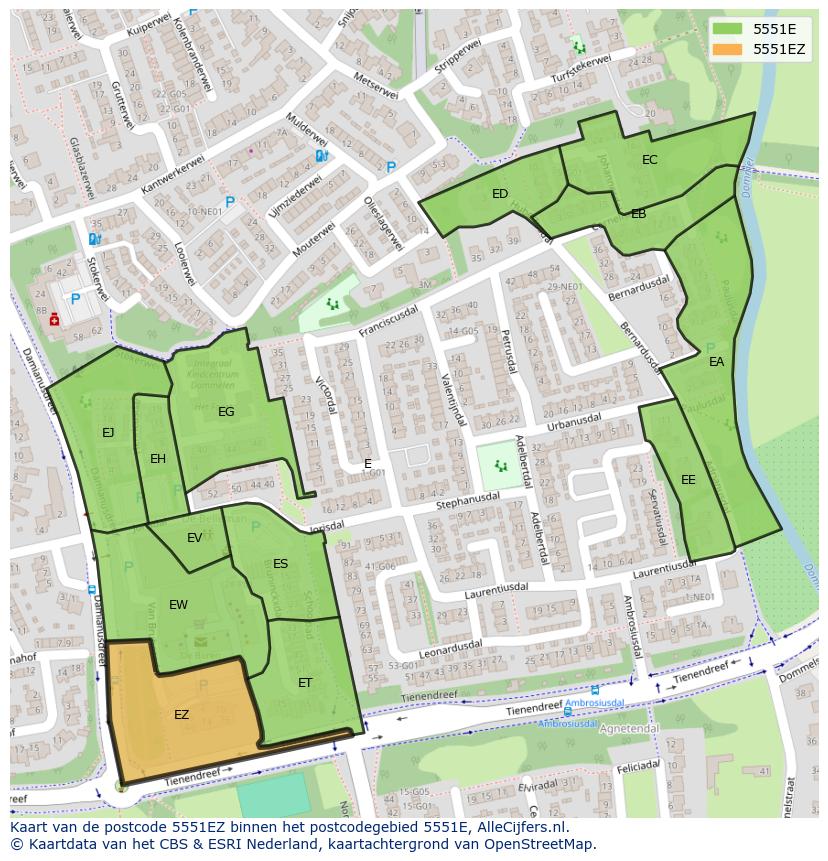 Afbeelding van het postcodegebied 5551 EZ op de kaart.