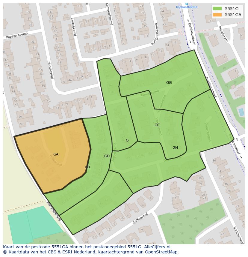Afbeelding van het postcodegebied 5551 GA op de kaart.
