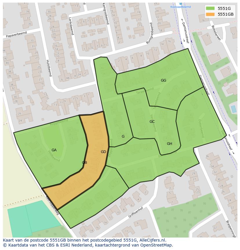 Afbeelding van het postcodegebied 5551 GB op de kaart.