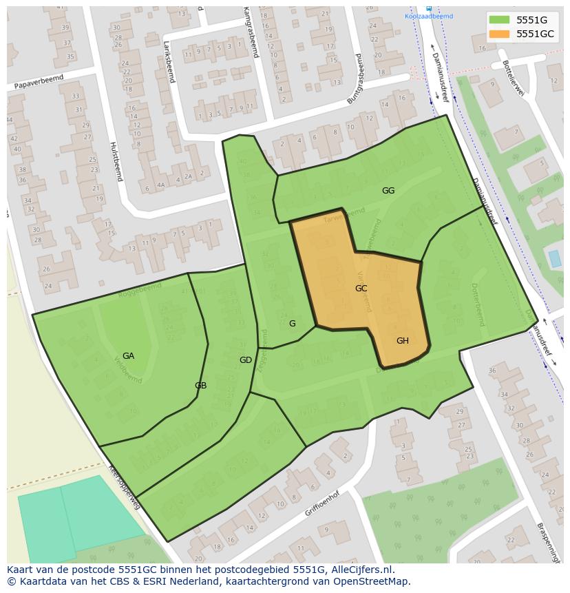 Afbeelding van het postcodegebied 5551 GC op de kaart.