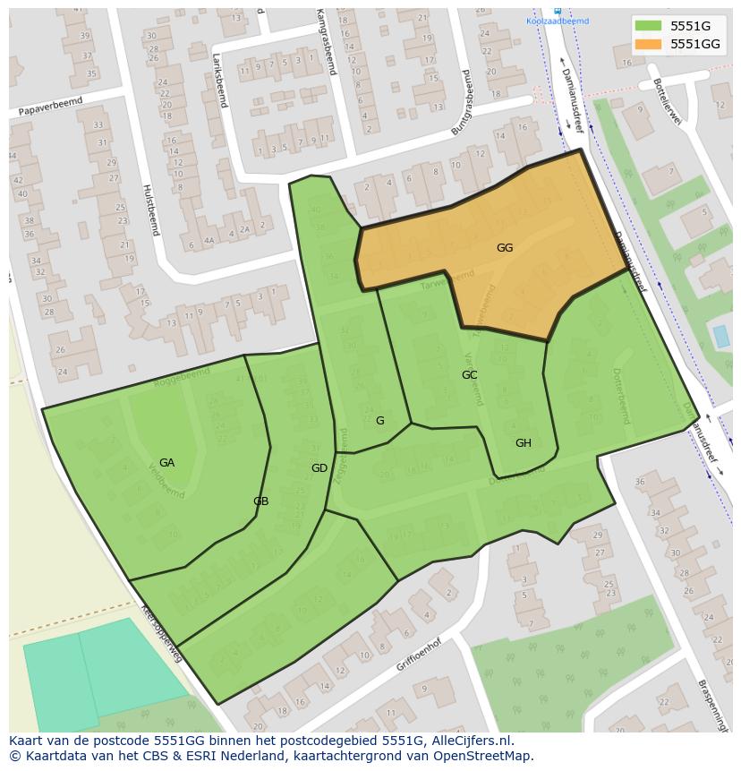 Afbeelding van het postcodegebied 5551 GG op de kaart.
