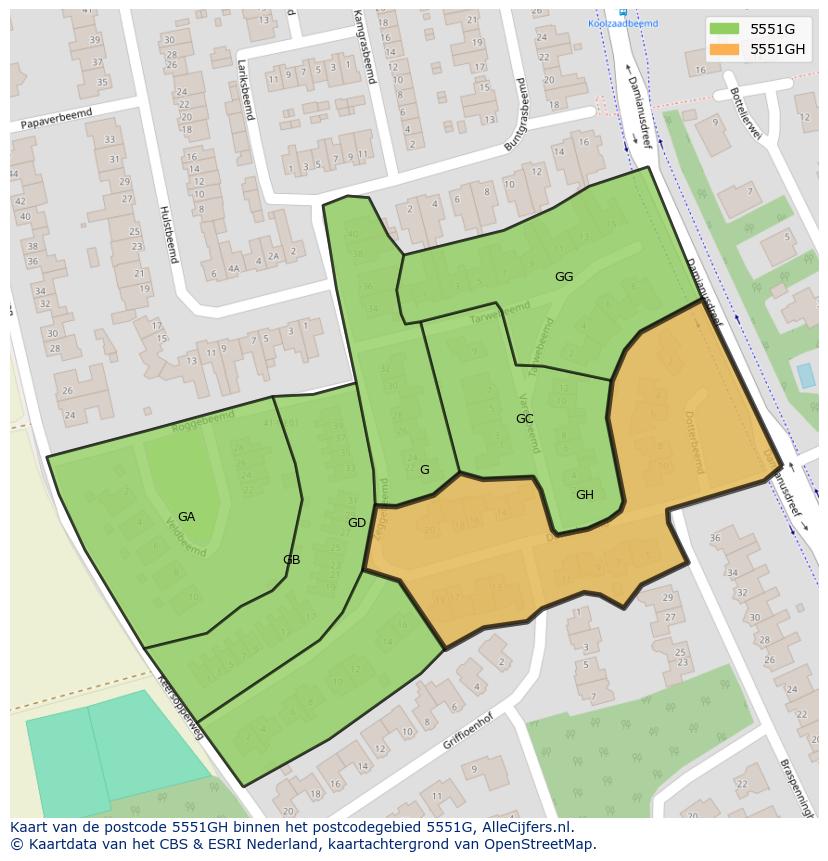 Afbeelding van het postcodegebied 5551 GH op de kaart.