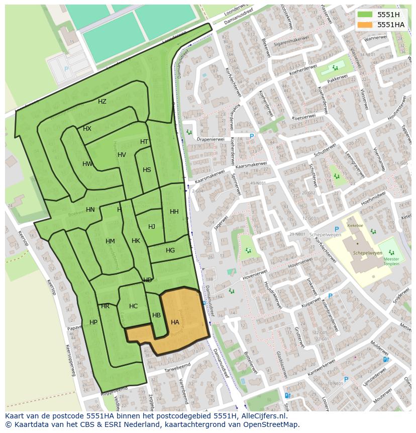 Afbeelding van het postcodegebied 5551 HA op de kaart.