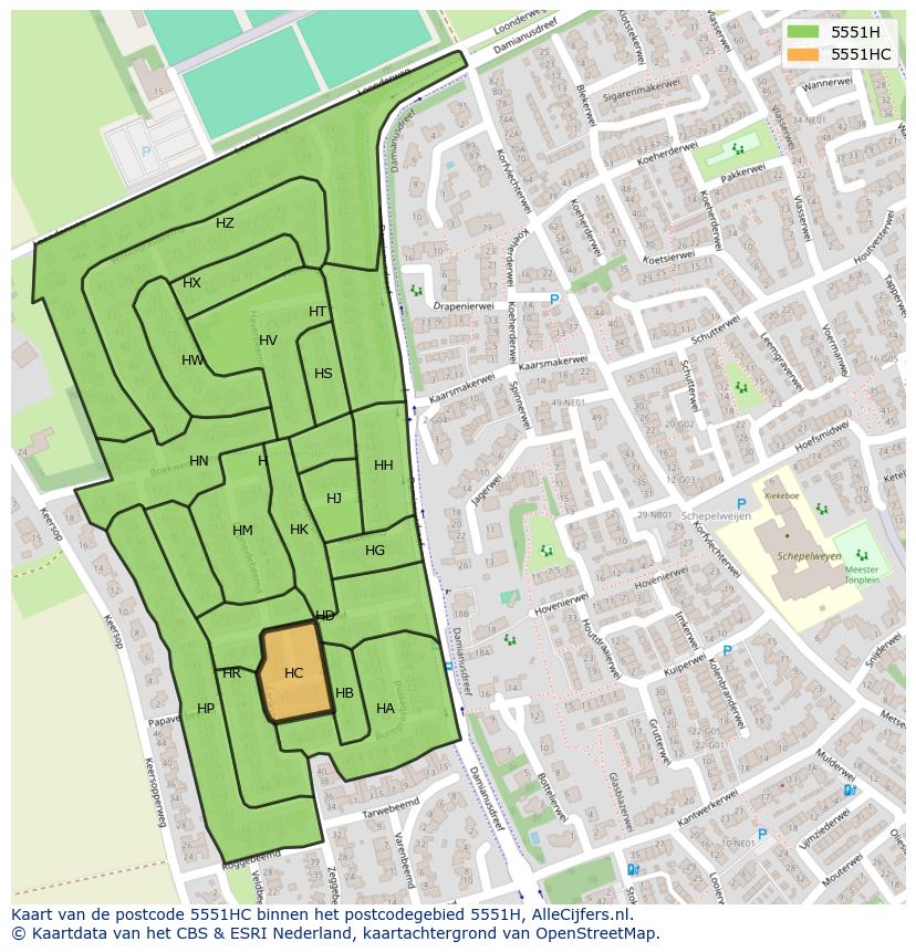 Afbeelding van het postcodegebied 5551 HC op de kaart.