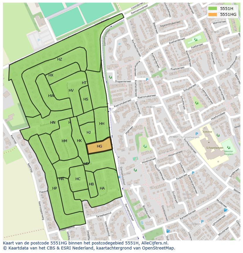 Afbeelding van het postcodegebied 5551 HG op de kaart.