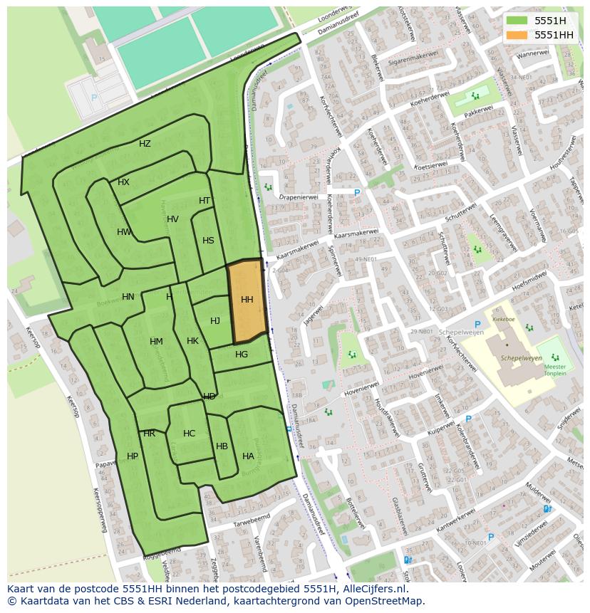 Afbeelding van het postcodegebied 5551 HH op de kaart.
