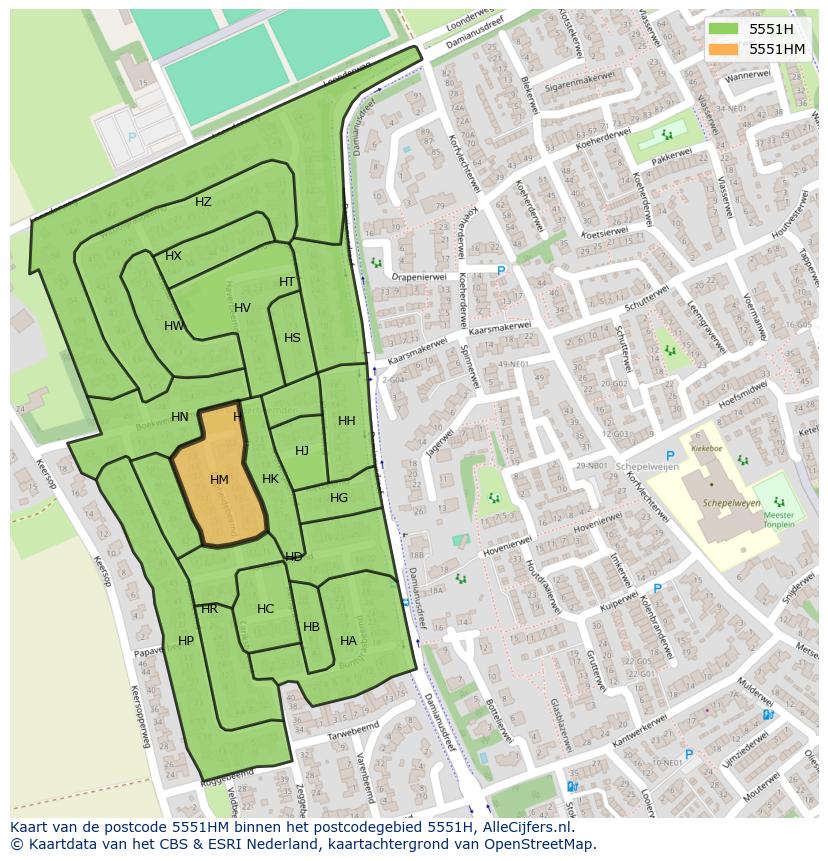Afbeelding van het postcodegebied 5551 HM op de kaart.