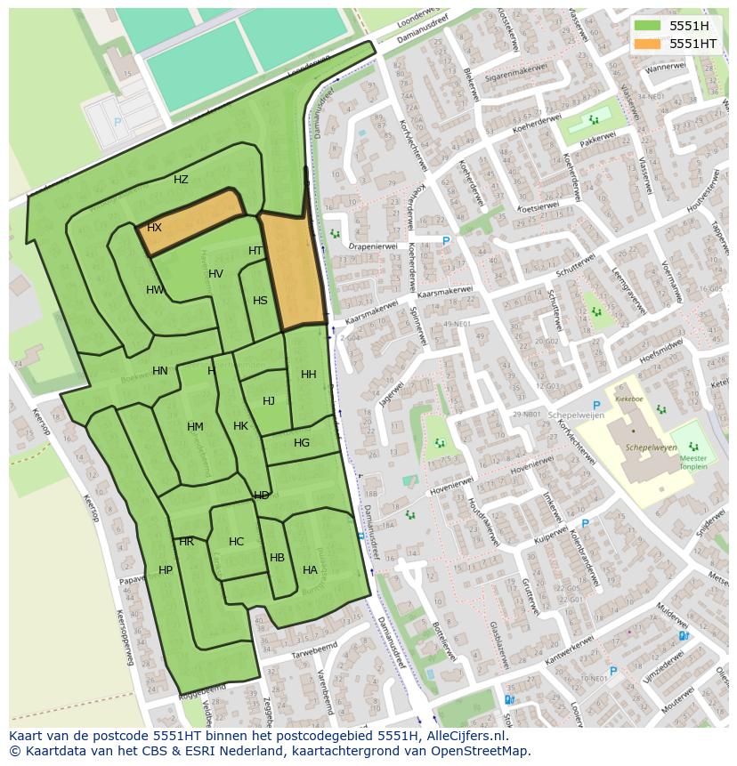 Afbeelding van het postcodegebied 5551 HT op de kaart.