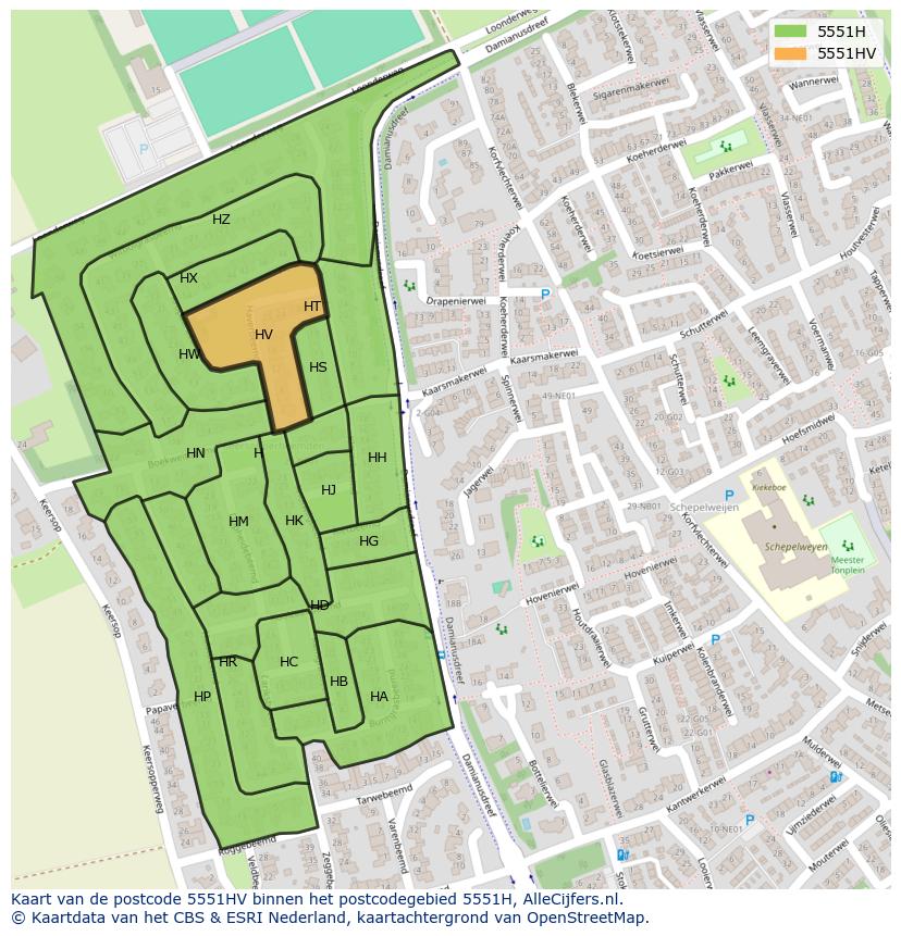 Afbeelding van het postcodegebied 5551 HV op de kaart.