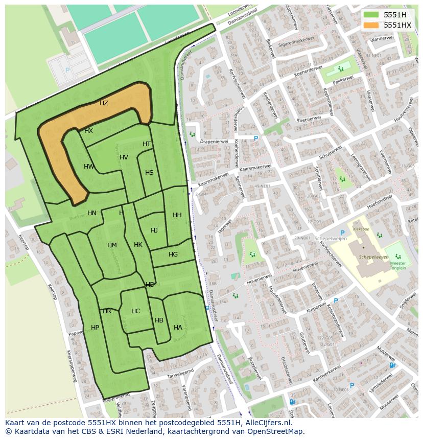 Afbeelding van het postcodegebied 5551 HX op de kaart.