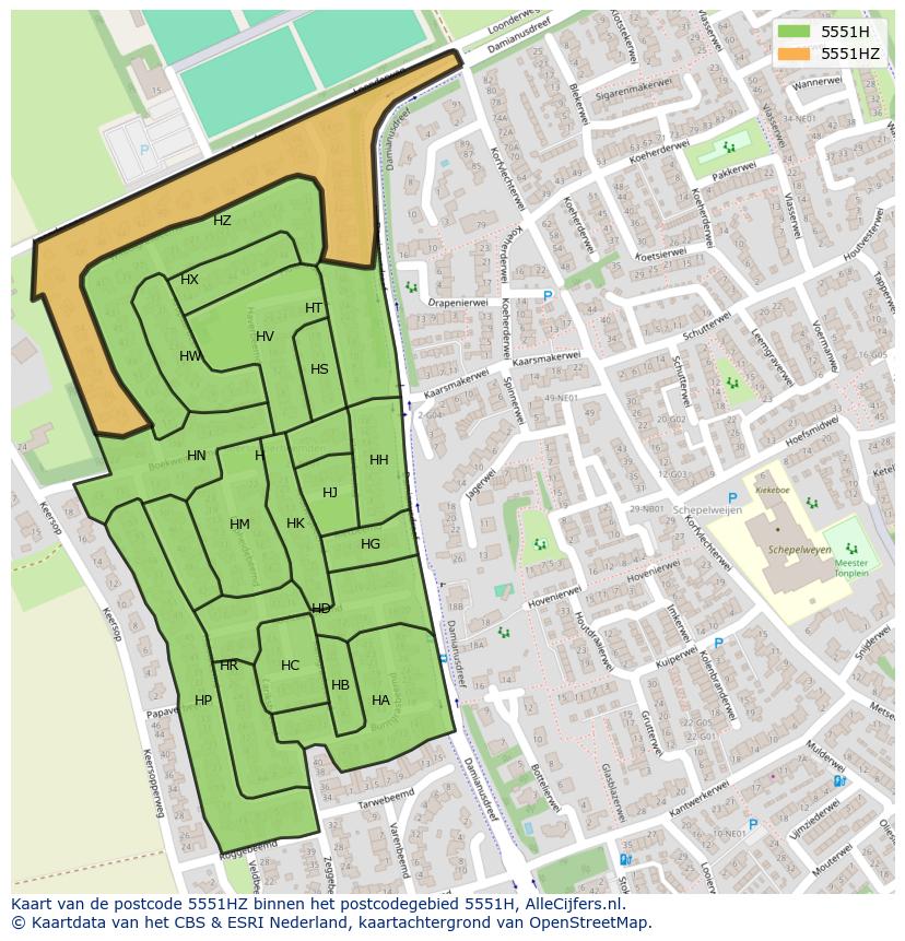 Afbeelding van het postcodegebied 5551 HZ op de kaart.