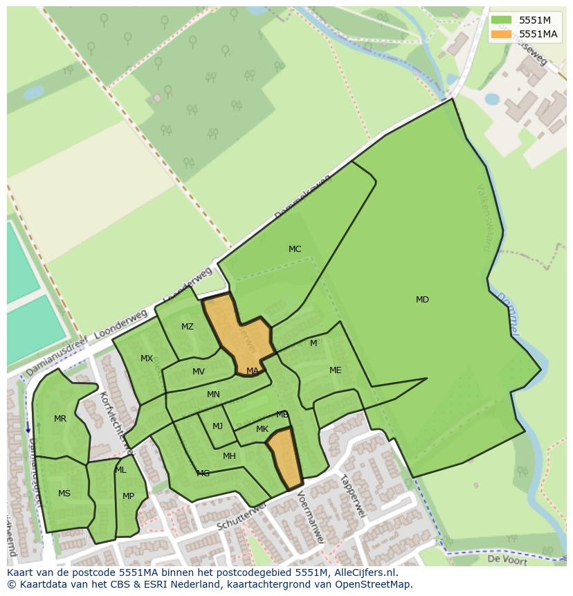 Afbeelding van het postcodegebied 5551 MA op de kaart.