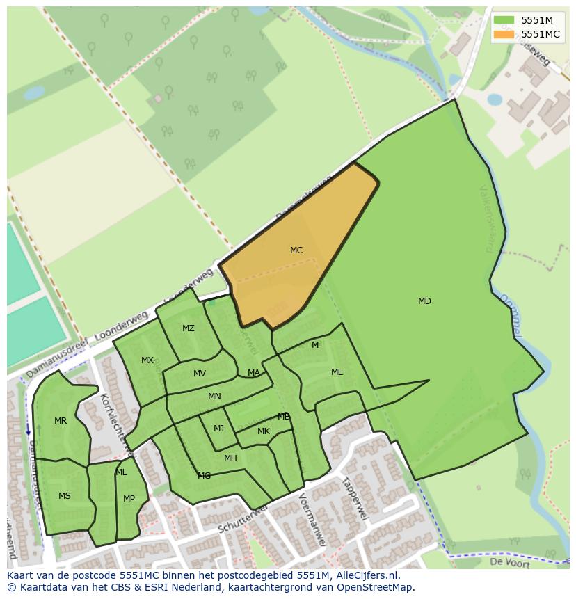 Afbeelding van het postcodegebied 5551 MC op de kaart.