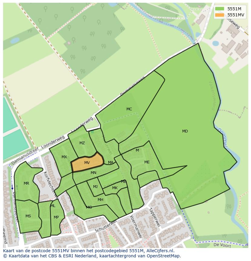 Afbeelding van het postcodegebied 5551 MV op de kaart.