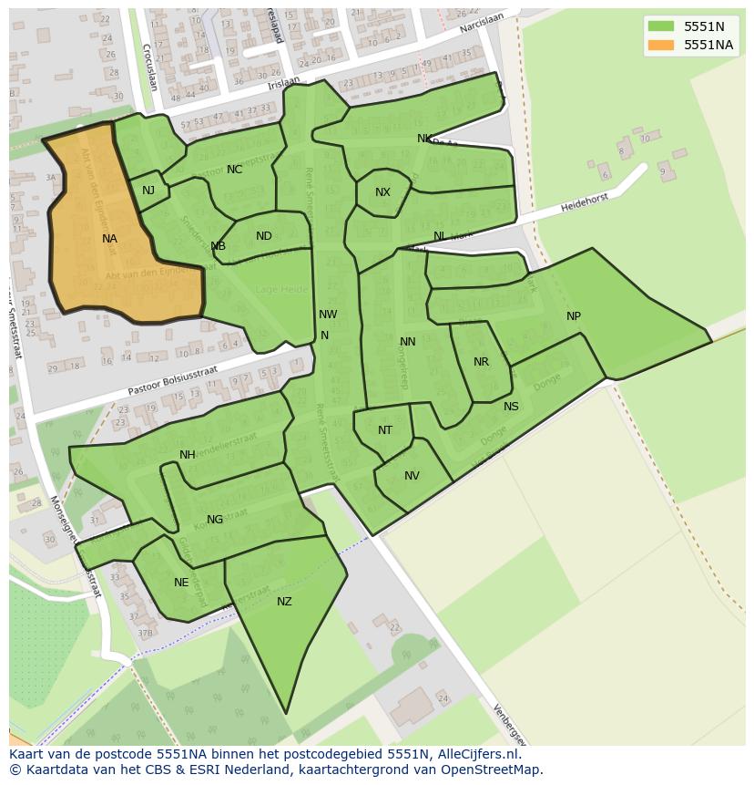 Afbeelding van het postcodegebied 5551 NA op de kaart.
