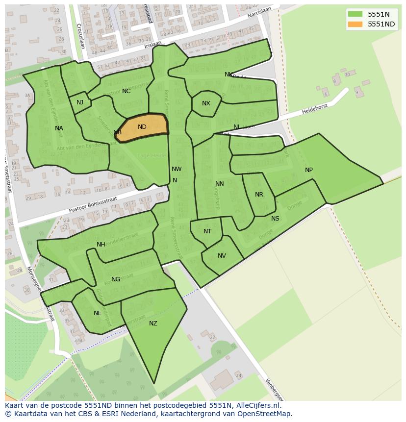 Afbeelding van het postcodegebied 5551 ND op de kaart.