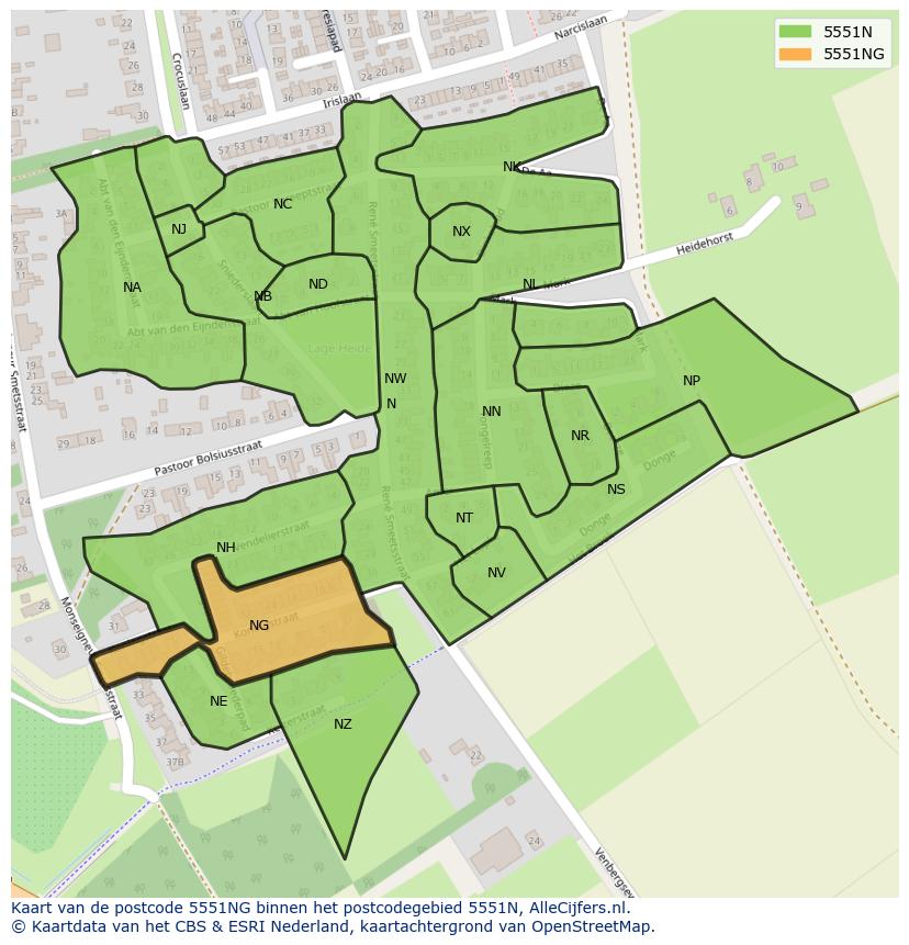 Afbeelding van het postcodegebied 5551 NG op de kaart.