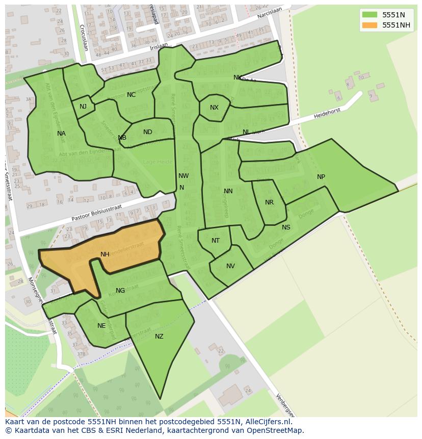 Afbeelding van het postcodegebied 5551 NH op de kaart.