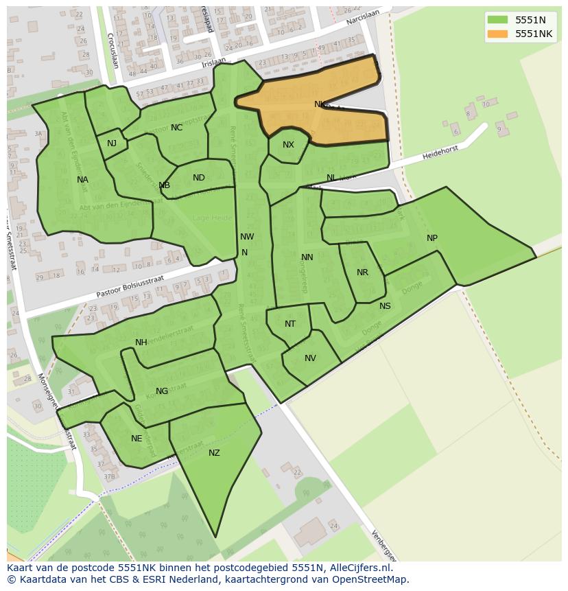 Afbeelding van het postcodegebied 5551 NK op de kaart.