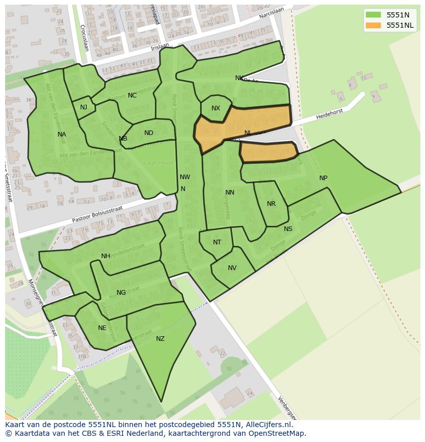 Afbeelding van het postcodegebied 5551 NL op de kaart.