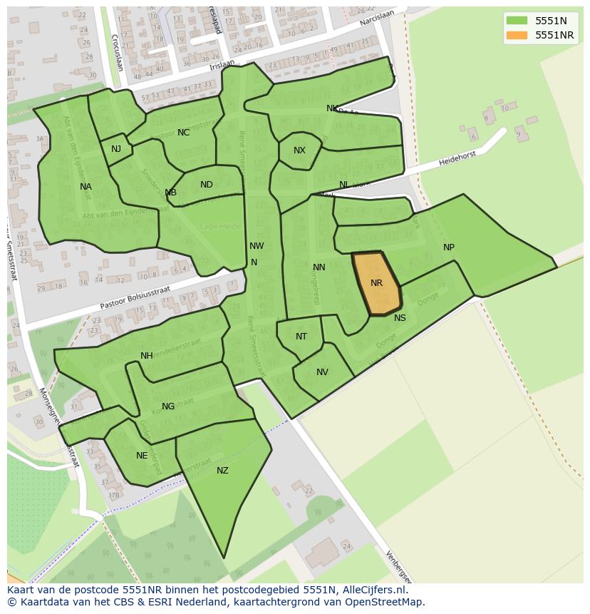 Afbeelding van het postcodegebied 5551 NR op de kaart.