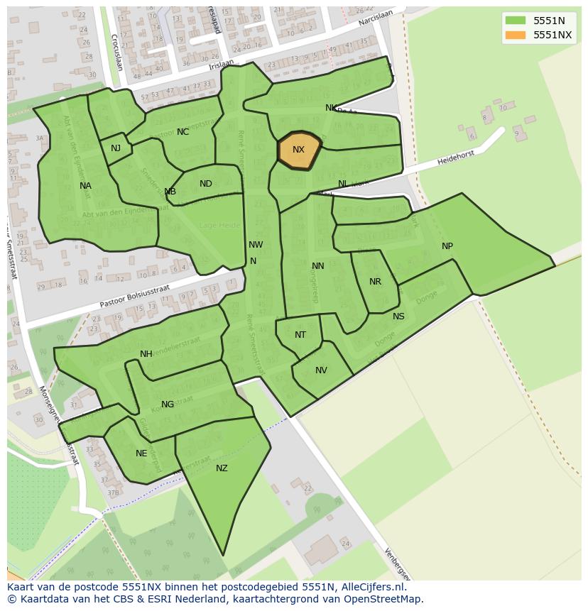 Afbeelding van het postcodegebied 5551 NX op de kaart.