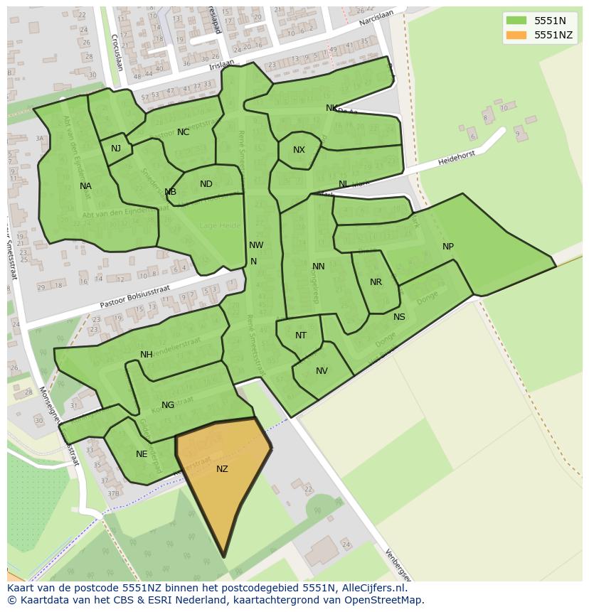 Afbeelding van het postcodegebied 5551 NZ op de kaart.