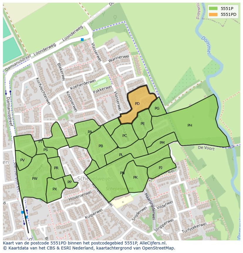 Afbeelding van het postcodegebied 5551 PD op de kaart.
