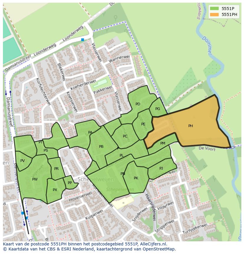 Afbeelding van het postcodegebied 5551 PH op de kaart.
