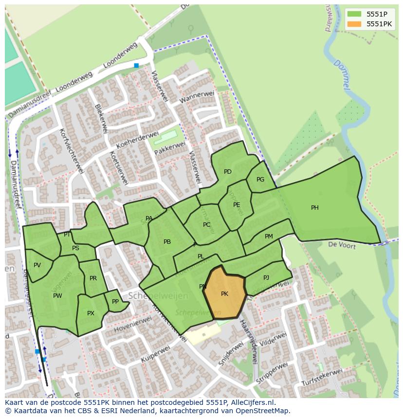 Afbeelding van het postcodegebied 5551 PK op de kaart.