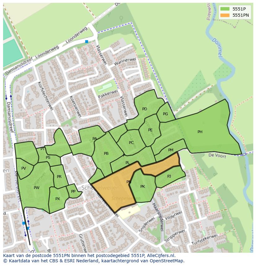 Afbeelding van het postcodegebied 5551 PN op de kaart.
