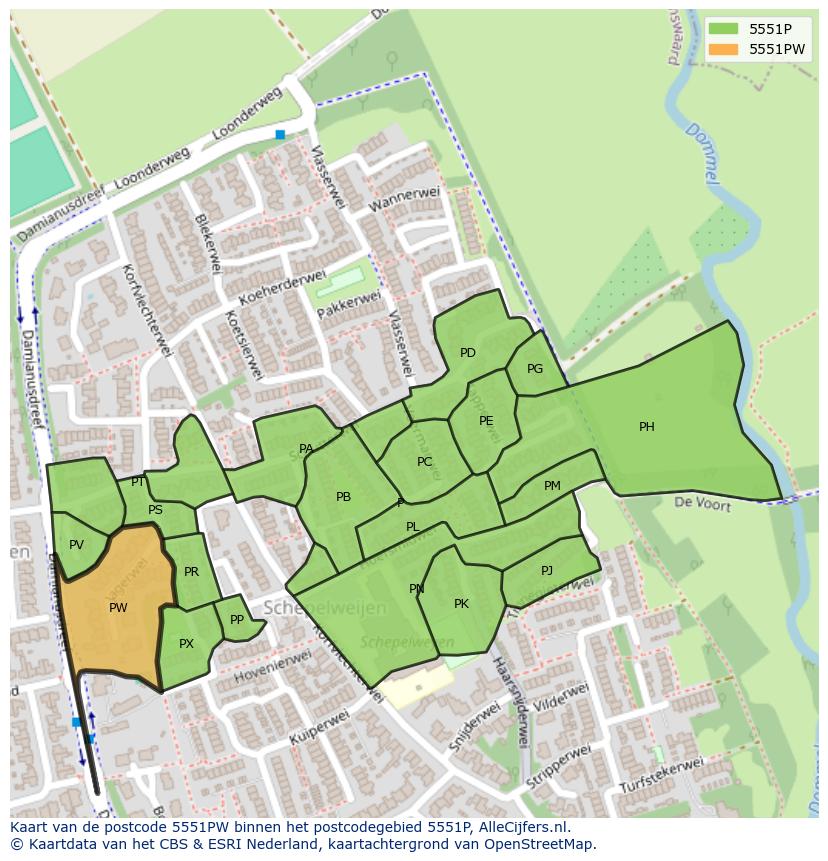 Afbeelding van het postcodegebied 5551 PW op de kaart.