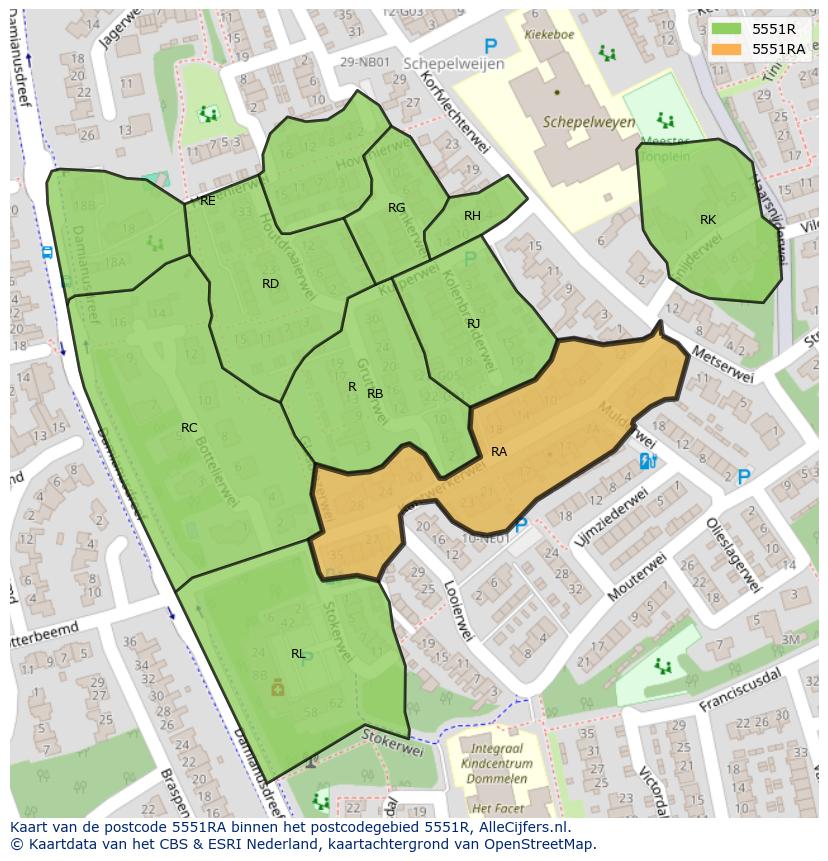Afbeelding van het postcodegebied 5551 RA op de kaart.