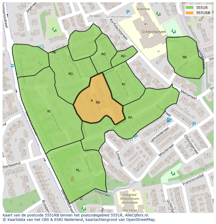 Afbeelding van het postcodegebied 5551 RB op de kaart.