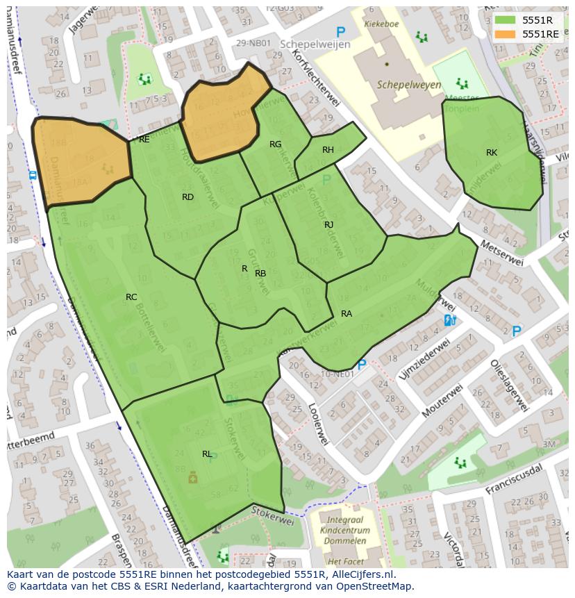 Afbeelding van het postcodegebied 5551 RE op de kaart.