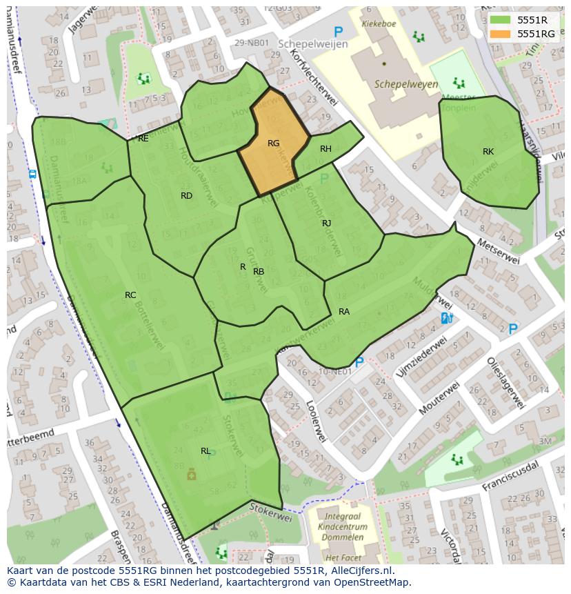 Afbeelding van het postcodegebied 5551 RG op de kaart.