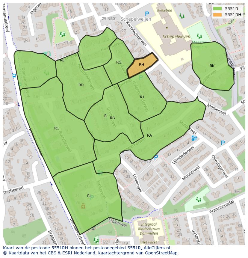 Afbeelding van het postcodegebied 5551 RH op de kaart.