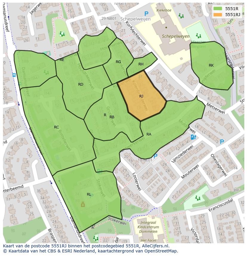 Afbeelding van het postcodegebied 5551 RJ op de kaart.