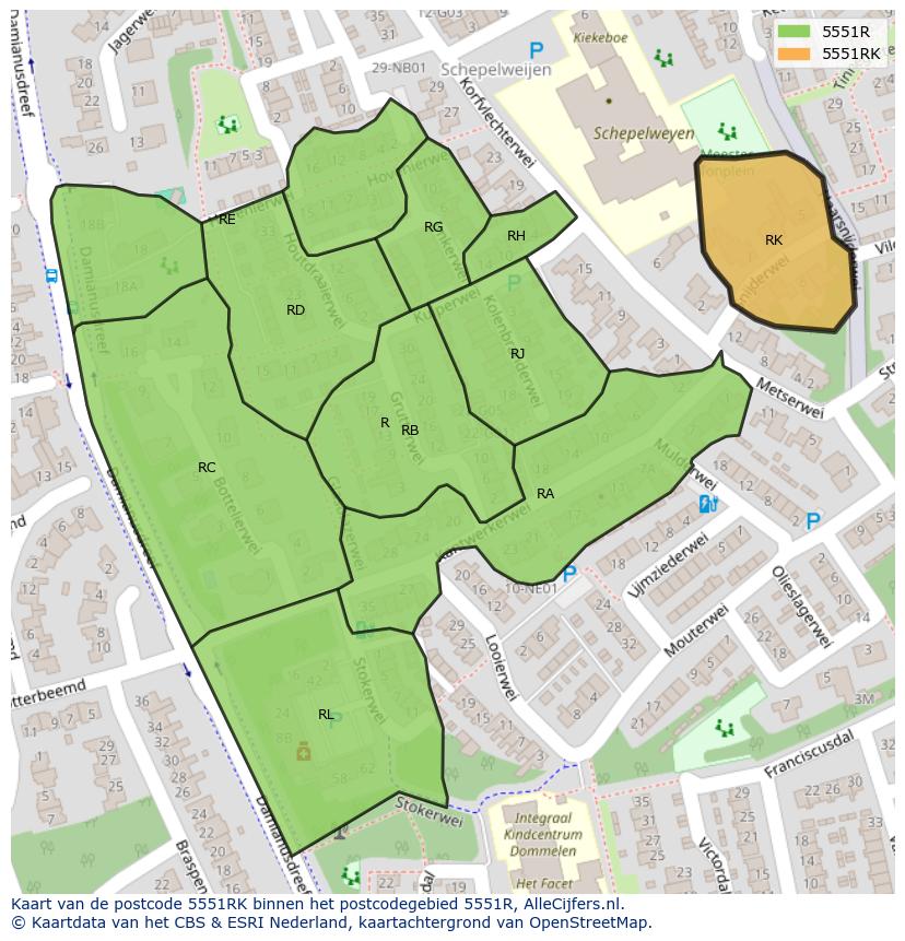 Afbeelding van het postcodegebied 5551 RK op de kaart.