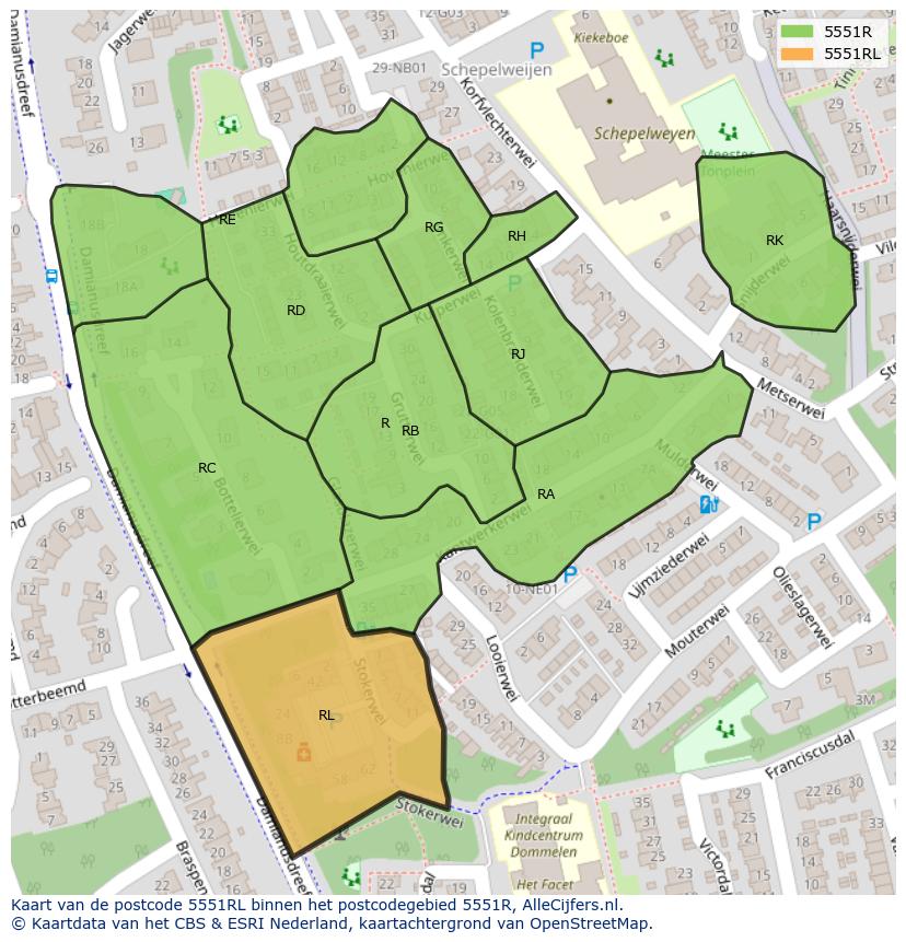 Afbeelding van het postcodegebied 5551 RL op de kaart.