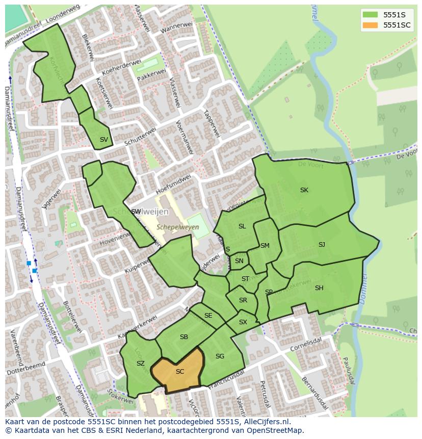 Afbeelding van het postcodegebied 5551 SC op de kaart.