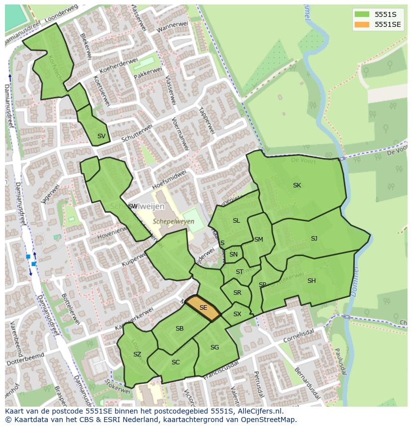 Afbeelding van het postcodegebied 5551 SE op de kaart.