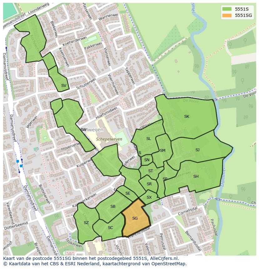 Afbeelding van het postcodegebied 5551 SG op de kaart.