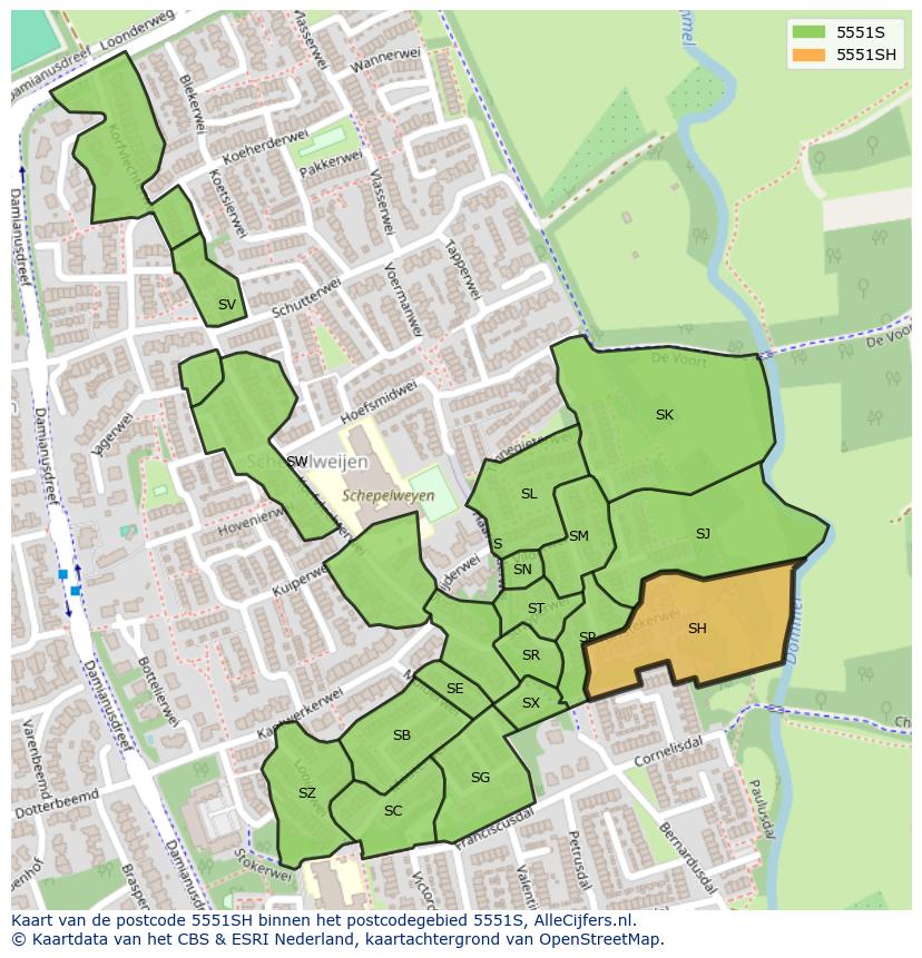 Afbeelding van het postcodegebied 5551 SH op de kaart.