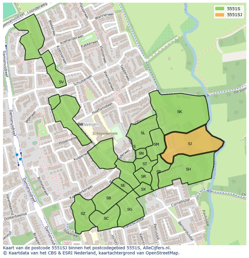 Afbeelding van het postcodegebied 5551 SJ op de kaart.